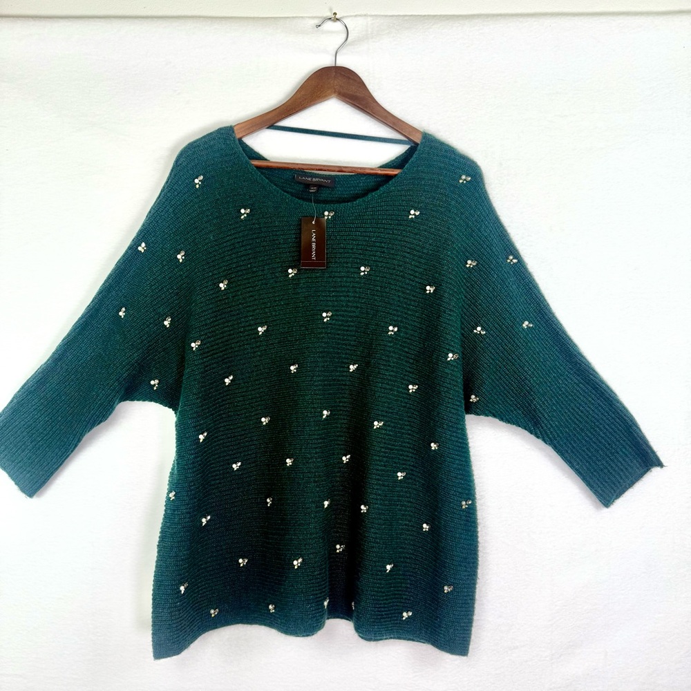 Lane Bryant Green Sweater with Pearl Rhinestone Accents Sz 18/20 NWT
